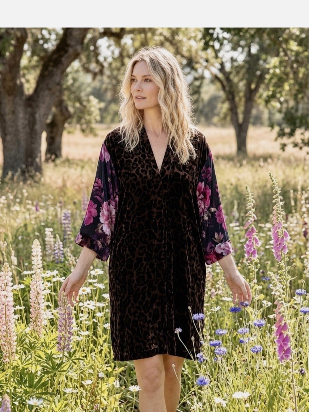 Johnny Was Floral and Cheetah Print Velvet Silk Blend Dress Size Large